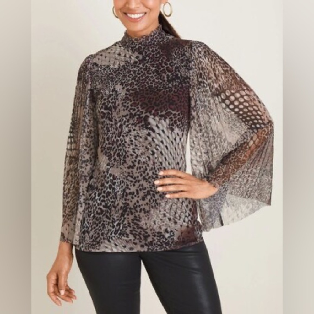 NWOT Chico’s Cheetah and Snake Print Drama Sleeve Mesh Top Size M Maximalist